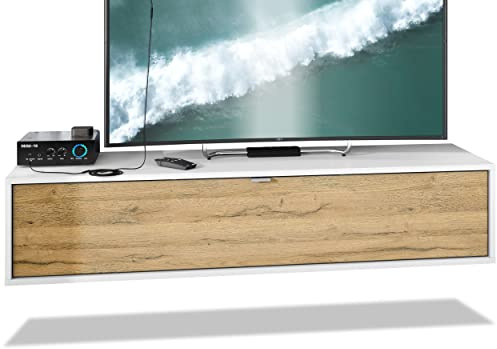 Vladon Meuble TV Lana 140 Armoire Murale lowboard 140 x 29 x 37 cm, Caisson en Blanc Mat, façades en Chêne Nature | Grand Choix de Couleurs