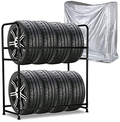 EINFEBEN Reifenregal für 8 Reifen Reifenständer Lagerregal Felgenbaum Höhenverstellung Lagerregale 107 x 46 x 117cm, Ladekapazität 180kg, mit Reifenschutzhülle, für Garage Keller Werkstatt