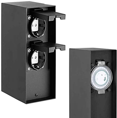 Bakaji Colonna Presa Elettrica Giardino Palo Colonnina da Esterno 2 Prese Shucko + Programmatore Timer Meccanico Impermeabili Multipresa Struttura Acciaio Fissaggio con Viti Nero