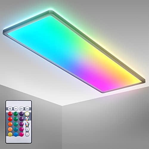 B.K.Licht - LED Deckenlampe mit indirektem Licht, Fernbedienung, buntes RGB+W Licht, LED Panel, Deckenleuchte flach, Lampe, Wohnzimmerlampe, Schlafzimmerlampe, Flur, 58x20x3 cm, Schwarz