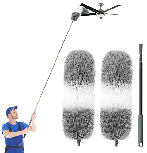 Microfiber Feather Dusters for Cleaning, Extendable Duster with 110 Extension Pole & 2pcs Replaceable Bendable Head, Cleaner Supplies Duster Tool for Ceiling Fan Furniture Cars Home Kitchen Gadgets