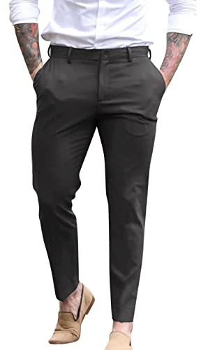 Pantalones clásicos de sarga de algodón para hombre, informales, para negocios, oficina, trabajo, formal, cómodos, con parte delantera plana, plisados, chinos, de golf, holgados, de pierna recta