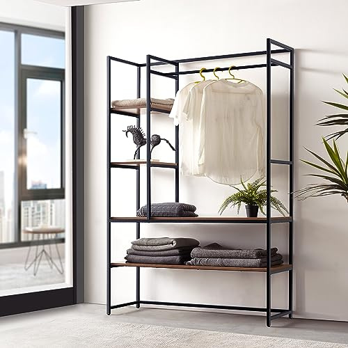 [en.casa] Organizzatore Guardaroba Porta Abiti da Camera Appendiabiti da Terra 180 x 120 x 40 cm Mobile per Cabina Armadio con Ripiani MDF e Asta Barra - Color Noce/Nero