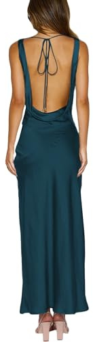 Satin Cowl Neck Sleeveless Backless Maxi Wedding Guest Dress Silk Open Back Tie Back Prom Formal Dresses for Women 2025 Deepgreen