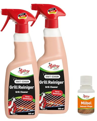 POLIBOY Grill Reiniger - Fettlöser für Grillrost - Grillreinigungsspray mit Haftgel-Formel - 2x 500 ml - Mit Produktprobe - Made in Germany