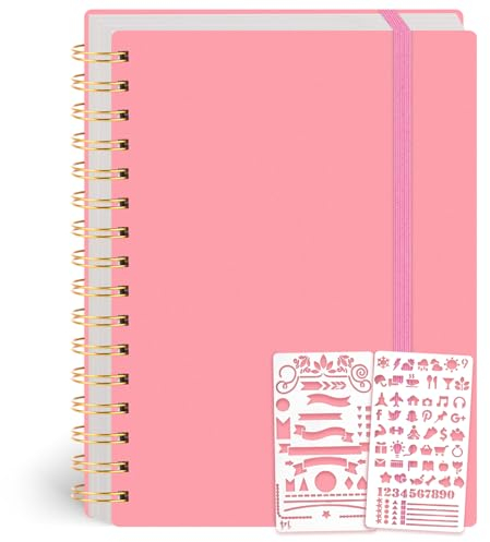 HAKACC Bullet Dotted Spiral Notizbuch, 15 x 20,5cm Rosa Bullet Dot Journal A5 mit Schablonen 300 Seiten für Arbeit Büro Schule