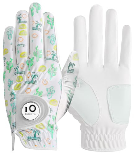 FINGER TEN Golfhandschuhe Herren Links Rechts Hand Leder mit Ballmarker Sommer, Golf Handschuhe Männer Weathersof Premium Qualität Weicher Komfort (Grün, M, Links)