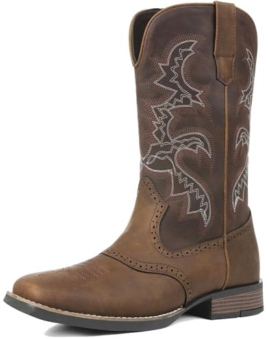 Atsroel Cowboy Boots for Men Square Toe Western Boots Embroidered Pull On Slip Resistant Work Boots For Men Country Traditional Boots