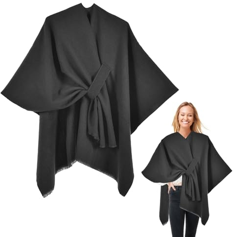 Shengxi Womens Reversible Poncho Oversized Shawl Wrap Elegant Knitted Cape Blanket Front Wrap Cardigan Coats for Spring Fall Winter (UK, Alpha, One Size, Regular, Regular, Black)