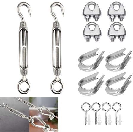 2 Stück Spannschloss Set, aus Edelstahl 304, Ösenverstellbares Spannschloss, Inkl 4 Drahtseil Kauschen, 4 Drahtseilklemmen und 4 Ösenschrauben, für Sonnensegel, Gartendraht und Zaunspanner