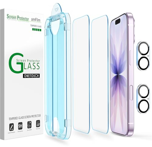 amFilm OneTouch Schutzfolie für iPhone 17 6.3 2025 | Härte 9H mit Kameraobjektivschutz aus Gehärtetem Glas, mit Easy Installation Kit, Auto-Alignment Hülle Freundlich 2+2 Stück
