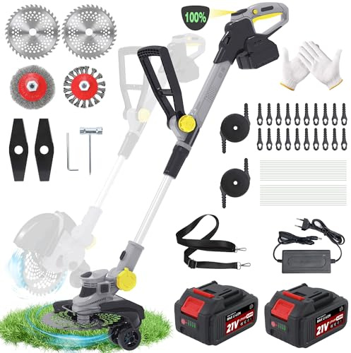 desbrozadora bateria 21 V con Cepillo para Malas Hierbas,desbrozadora electrica y cortabordes 2 en 1,Motor sin escobillas de 750 W,6 Cuchillas Diferentes,2 baterías de 4,0 Ah y Cargador - Gris Oscuro
