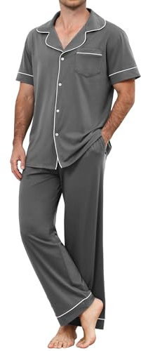 TeJoyce Pijama Hombre Largo Algodon, Ropa de Dormir Dos Piezas, Conjunto Manga Corta Camiseta Abierto Delante con Botones y Pantalones con Bolsillos, Suave y Cómodo Pijamas para Salir S-XXL