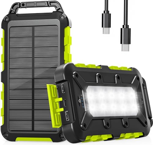 WOWMVP Cargador Solar 10000mAh, Power Bank Solar Batería Externa Portátil PD22.5W USB C Carga Rápida Impermeable 3 Salidas y 2 Entradas con Linterna LED para Moviles Tabletas Etc.