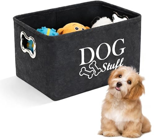 MFSKJELF Puppy Toy Box Storage Basket, Felt Stuff Storage Baskets with Designed Metal Handle, Collapsible Dog Toy Box Storage for Organizing Dog Cat Clothes,Shoes,Pet Accessories