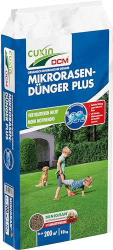CUXIN DCM Mikrorasen-Dünger Plus - Langzeit Rasendünger - MINIGRAN® TECHNOLOGY - Kein Vertikutieren nötig - organisch-mineralischer NPK-Dünger- 10 KG für 200qm