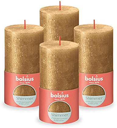 Bolsius Rustik Stumpenkerzen - Shimmer Gold - Set 4 Stück - Dekorative Haushaltkerzen - Länge Brenndauer 60 Stunden - Unparfümierte - Natürliches Pflanzenwachs - Ohne Palmöl - 13 x 7 cm