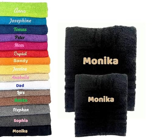 Pet-Jos 2er Pack Personalisiertes Handtuch und Badetuch mit Namen Schön gestickter Name Handbadetuch 100 % Baumwollhandtuch 50 x cm + 140 70 Personalized Custom Towel with (Schwarz)