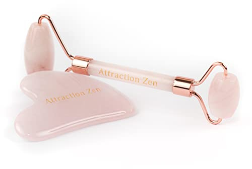 Rouleau de Massage et Gua Sha Authentique en Quartz Rose 100% Naturel - Masseur de visage Anti-âge, Anti-rides - aide à raffermir la peau, à réduire les poches sous les yeux | Votre atout beauté