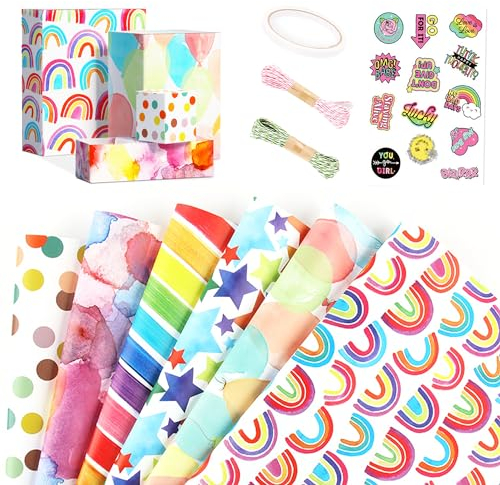 Geschenkpapier, Recycling-Geschenkpapier, 6 Blatt braunes gefaltetes Papier mit Jutesaiten, Aufklebern und Schleifen für alle Geburtstagsanlässe