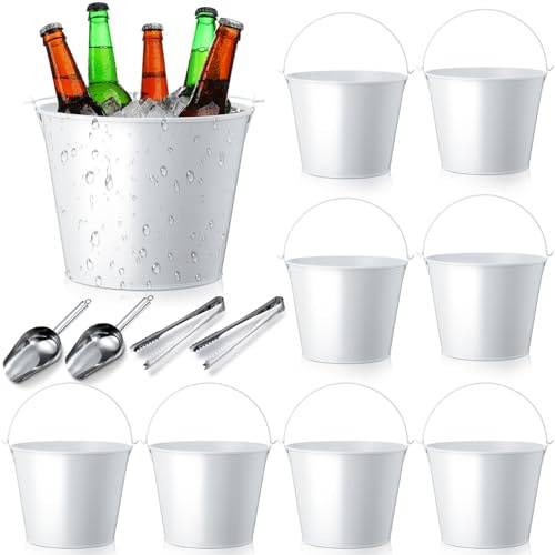 Zopeal 12 Pcs Metal Beer Buckets with Ice Shovels and Tongs Stainless Steel Ice Bucket with Handle Round Pails for Summer Pool Wedding Table Centerpiece Party Supplies(White)