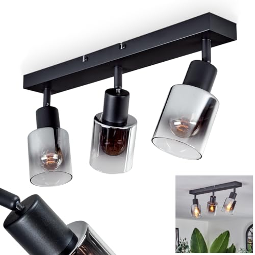 Deckenleuchte Cevio, moderne Deckenlampe aus Metall/Glas in Schwarz/Rauchfarben/Bernsteinfarben, verstellbare Leuchte im Retro/Vintage-Design mit Schirmen aus Rauchglas, 3 x E14, ohne Leuchtmittel