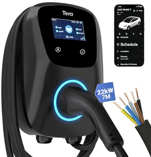 Tera EV Ladegerät Smart APP mit 32A Typ 2 22kW Heim Ladestation 400V CE & TÜV Wallbox 7m Ladekabel mit Ladegerätehalter App-Steuerung Hardwiring für Alle EVs und PHEVs W01 Schwarz