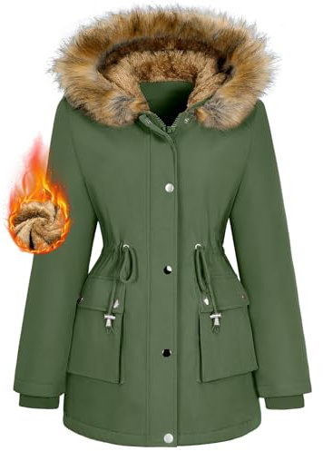 heekpek Manteau Femme Hiver Doudoune Chaude Veste Polaire Longue Blouson Femme Chic Manteaux Parka Imperméable à Capuche et Zippé, Vert Armée, L