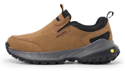FitVille Men's Extra Wide Hiking Shoes,Slip On Trainers Outdoor Trekking Walking Shoes for Swollen Feet Khaki Tan 9.5 UK Wide