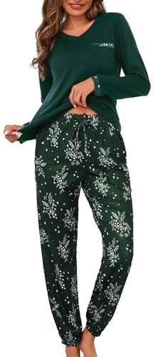 Jahetuul Pyjama Femme Hiver à Manches Longues Coton à Col en V Confortable et Décontracté avec Pantalon à Cordon de Serrage avec Poches Vêtement D'Intérieur