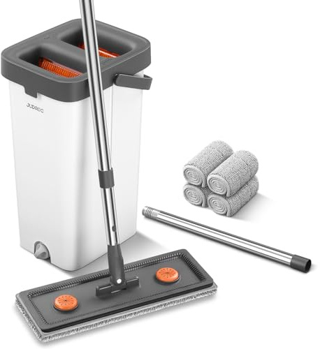 JUDRDO Mop and Bucket with Wringer Set for Home,61 Flat Mop and Bucket System for Floor Cleaning,Wet Dry Mop Window Wall Cleaner with Long Handle,Floor Mop with 4 Washable Microfiber Pads