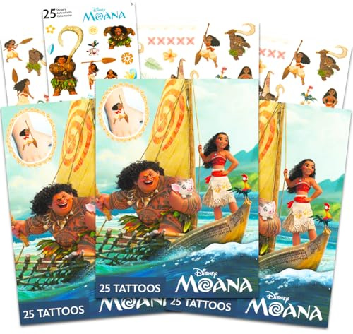 Tatuajes temporales de Moana para niños, paquete de recuerdos de fiesta de Moana con 75 tatuajes temporales surtidos de Moana más calcomanías | Suministros para fiestas de Moana