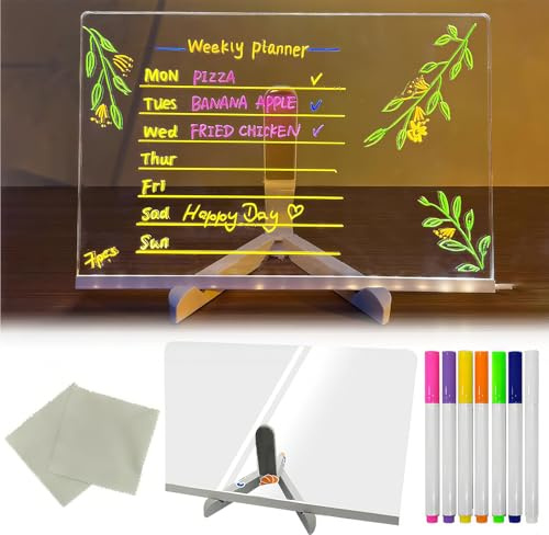 LED Note Board with 7 Colors Pen, Rewritable Acrylic Message Board LED Drawing Board, Light Up Doodle Memo Wordpad Night Light for Desktop, Dry Erase Luminous Acrylic Board Home Office Decor 30 * 20cm