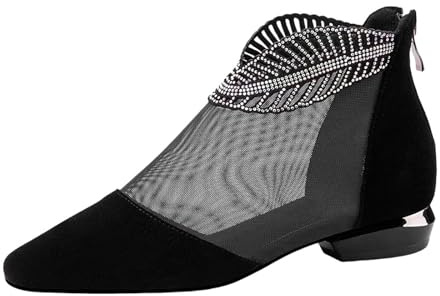 Bottines D'été Pour Femmes Creuses Bout Pointu Talon Bas Strass Respirantes Fermeture Éclair Chic et Elegant Bottines Chaussures Femme Confortables (Black, 41)