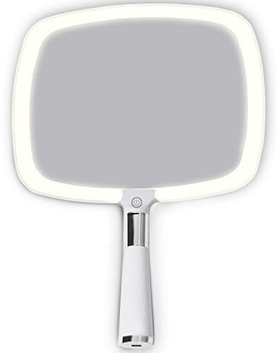 MIRRORVANA Lighted Travel Hand Mirror with Comfy Handle and Detachable Stand - Portable, Thin and Lightweight Design - Rechargeable with 3 LED Light Settings - 9 x 13 (White)