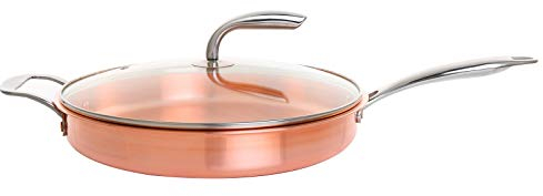 LTLWSH Ren koppar stekpanna non-stick kompatibel med öppen flamma kopparpanna ugnspanna och diskmaskinssäker stekpanna rund panna, 28 cm