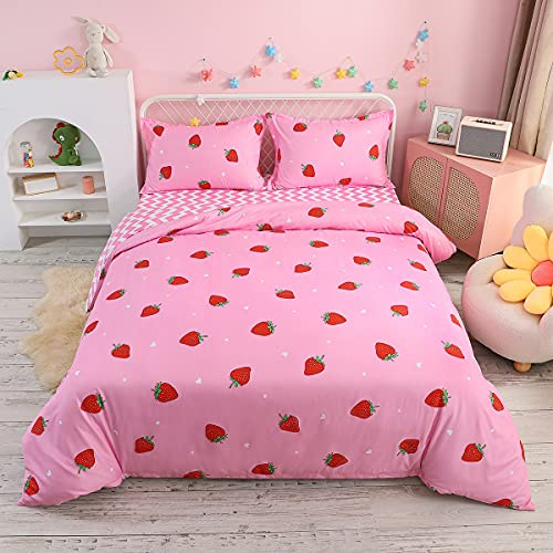 Erdbeere Bettwäsche 135x200cm für Kinder Mädchen Rosa Bettwäsche Erdbeere Streifen Reversibel Bettbezug Set 2 Teilig 100% Mikrofaser Betten Set Sanft Niedliche Früchte drucken Bettwäsche Frauen