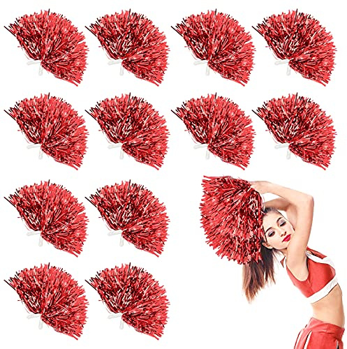 LINYAPRY 24 STK Metallisch Cheerleading Pompons zum Kinder, Cheerleader Jubeln Pom Poms mit Schlagstockgriff, Jubelnde Truppe Handblume zum Erwachsene Mannschaft Geist Sport Spiel Tanzparty (Rot)