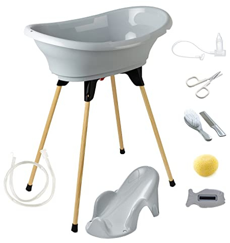 THERMOBABY Pack bain bébé Vasco 9 en 1 Gris Fabriqué en France | Pack gris : baignoire, pied pliable, transat, tuyau, thermomètre, éponge, brosse, peigne, ciseaux et mouche-bébé.