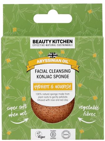 Beauty Kitchen - Hydrating Abyssinian Oil Facial Cleansing Konjac Sponge - Gentle & Effective Facial Cleanser - Prevents Clogged Pores/Blackheads - Vegan/Cruelty Free