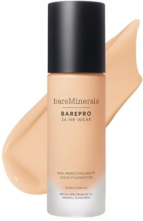 bareMinerals BAREPRO Performance Wear Liquid Foundation SPF 20 – Atmungsaktive Flüssigfoundation für das Gesicht, volle Deckkraft, 24-Stunden-Halt, natürliches Matt-Finish, vegan