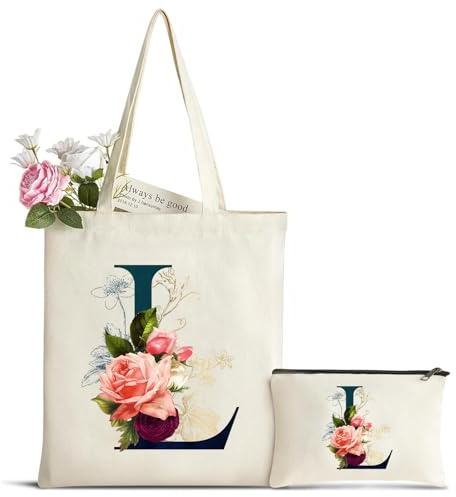Cadeau Femme Sac Fourre-Tout avec Initiale Fleur, Personnalisés Sac en Toile en Coton Trousse de Maquillage, Cadeaux de Mariée, Cadeau Parfait pour Amie, Mères pour Anniversaire Mariage Voyage Noël L