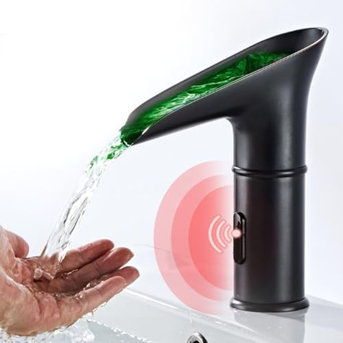 ReachMall Infrared Sensing Taps, Bathroom Tap Waterfall Bath Taps Hot and Cold Water Led Color Basin Tap Touchless Sink Faucet for Toilet/Bathroom ﻿(Black)