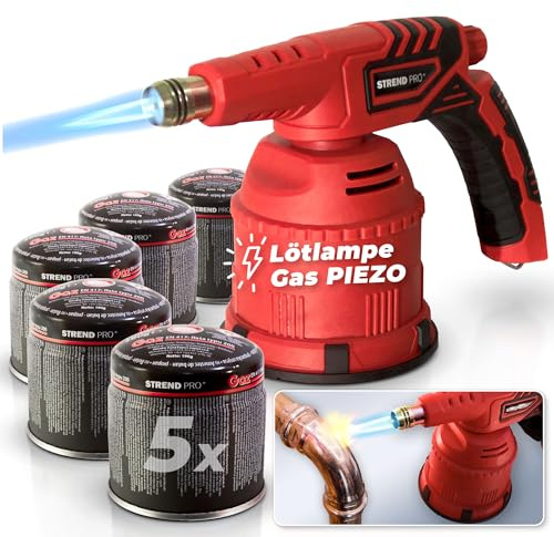 STREND PRO Lötlampe Gas 1300W mit PIEZO | mit 5 Gaskartuschen | Lötlampe mit Piezozündung für Butangas Kartusche | Gas Lampen zum Löten, Schweißen | Lötbrenner mit Piezozündung | Gasbrenner Klein
