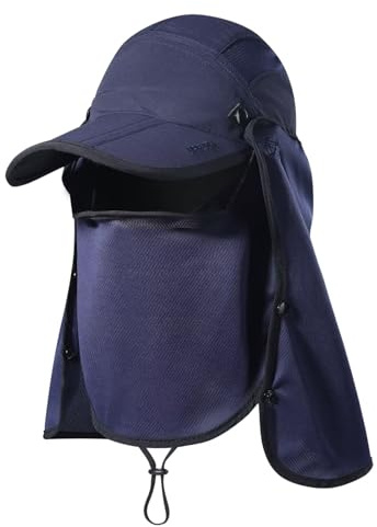 Outdoor Fishing Hat with Face Neck Cover UFP 50+ Foldable Breathable Wide Brim Ear Friendly Baseball Hats Waterproof Windproof Quick Dry Sport Cap for Men Women Running Biking Gardening Navy Blue