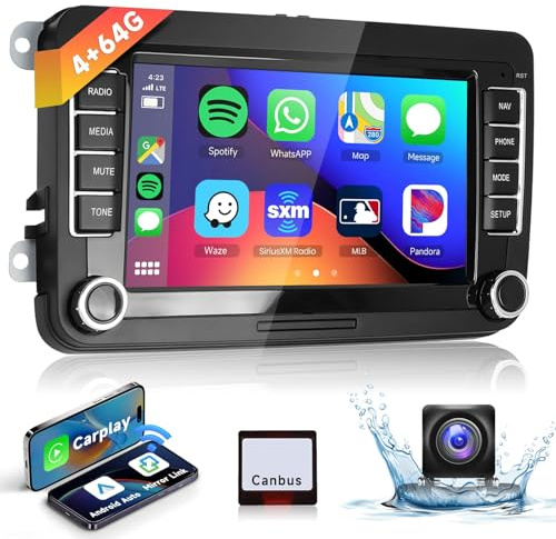 4G & 64G 7 bilradio Bluetooth för VW Golf 5 6 Polo Passat Skoda Touran Seat Wireless Carplay Android Auto, WiFi GPS Navi HiFi RDS/FM Radio 2 din med AHD backkamera/DVR/Canbus