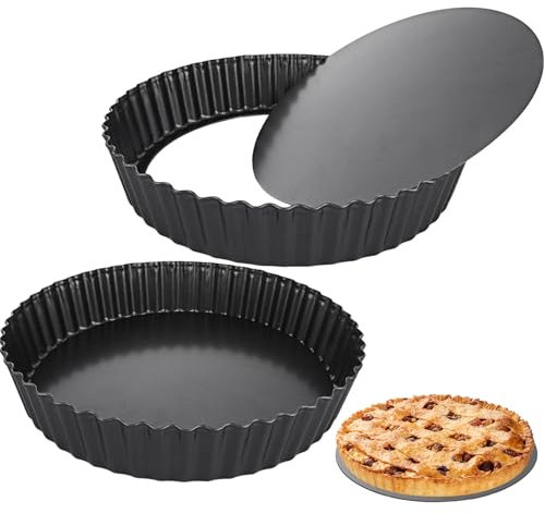 SHUESS 2 Pack Quiche Dish 28cm - 11 Inch Non-Stick Tart Tin - Round Quiche Tins with Loose Base - Carbon Steel Fluted Flan Tin with Loose Bottom for Baking Quiche Pie Tartlet Pizza (Black, 5.5cm Deep)