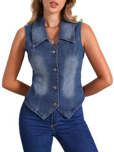 Allegra K Gilet en Jean Femme Blouson sans Manches en Denim Délavé Veste Bouonné à Col en V Bleu M