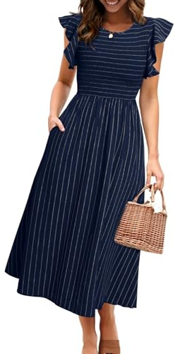 Simplee Womens Striped Midi Summer Dress Linen Ruffle Cap Sleeves Beach Dress Smocked Flowy Maternity Dress with Pockets(Navy Blue XL)