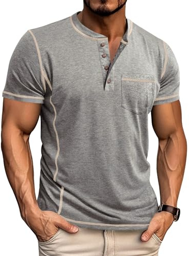 LAOARA Tee Shirt Homme T Shirt T-Shirts à Manches Courtes Homme Henley Col Tunisien Boutons Légére Tshirt M-3XL